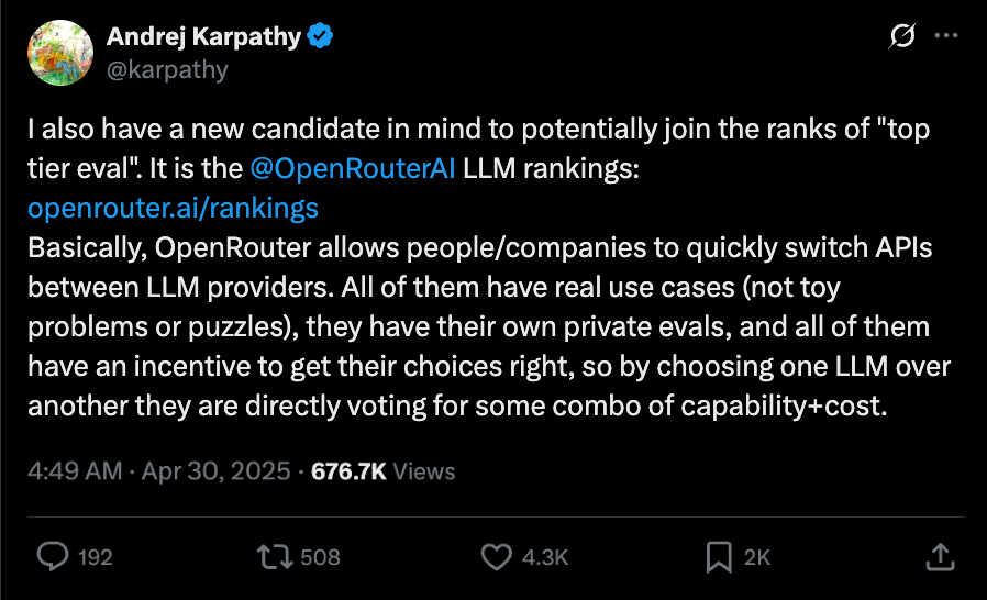 Andrej Karpathy 在 X 上提到 OpenRouter LLM rankings