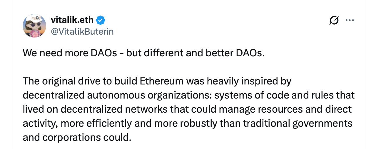 维塔利克·布特林表示DAO需要超越代币持有者投票的重新思考