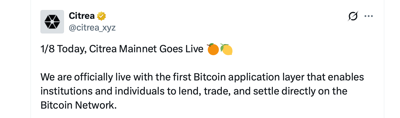 Citrea主网上线,带来比特币本土借贷和交易在线 Citrea主网上线,带来比特币本土借贷和交易在线