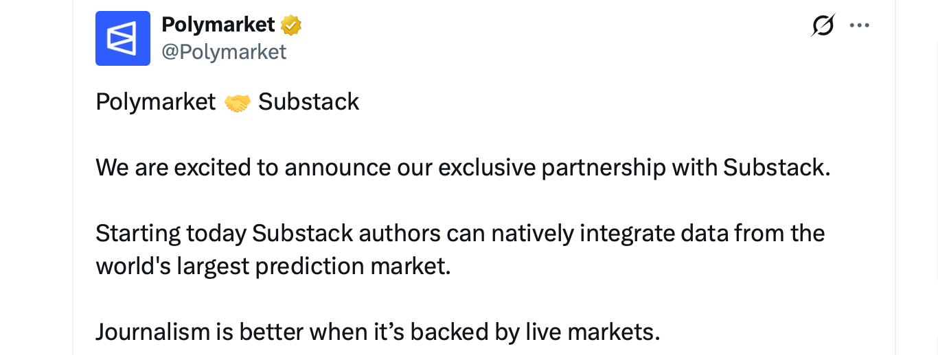 Polymarket 将实时概率表带给 Substack 作者 Polymarket 将实时概率表带给 Substack 作者