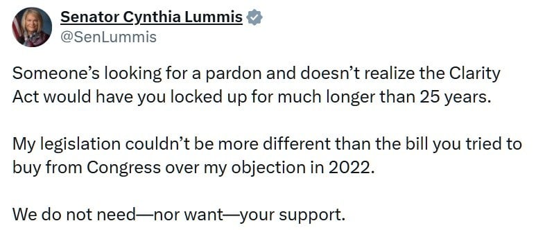 美国参议员辛西娅·卢米斯抨击班克曼-弗里德，认为《透明法案》的支持徒劳无功