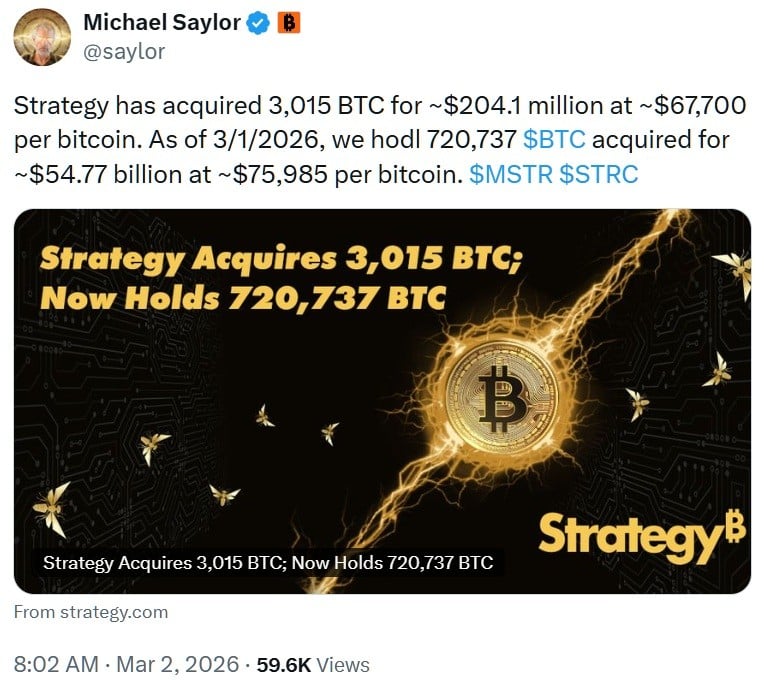 战略延续企业比特币主导地位，将持有量推升至720,737个比特币