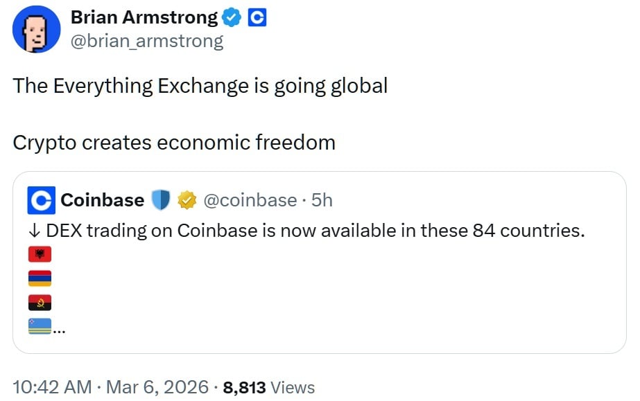 Coinbase 通过集成去中心化交易向‘万物交易所’生态系统开放 84 个国家