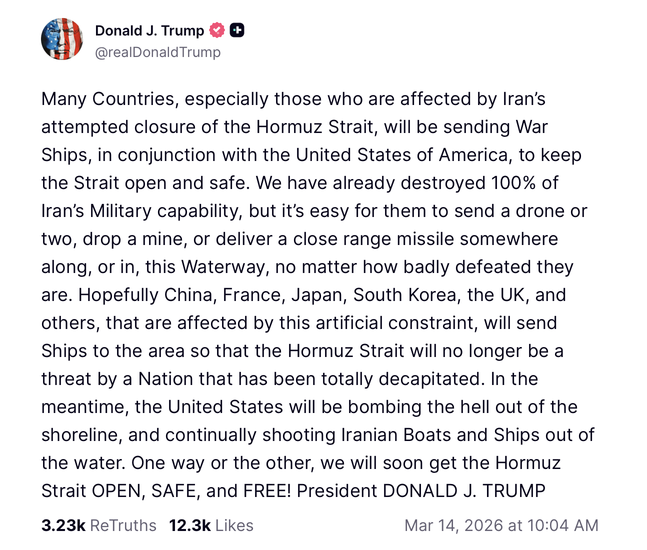 油市紧张，特朗普呼吁盟国海军保护霍尔木兹通行