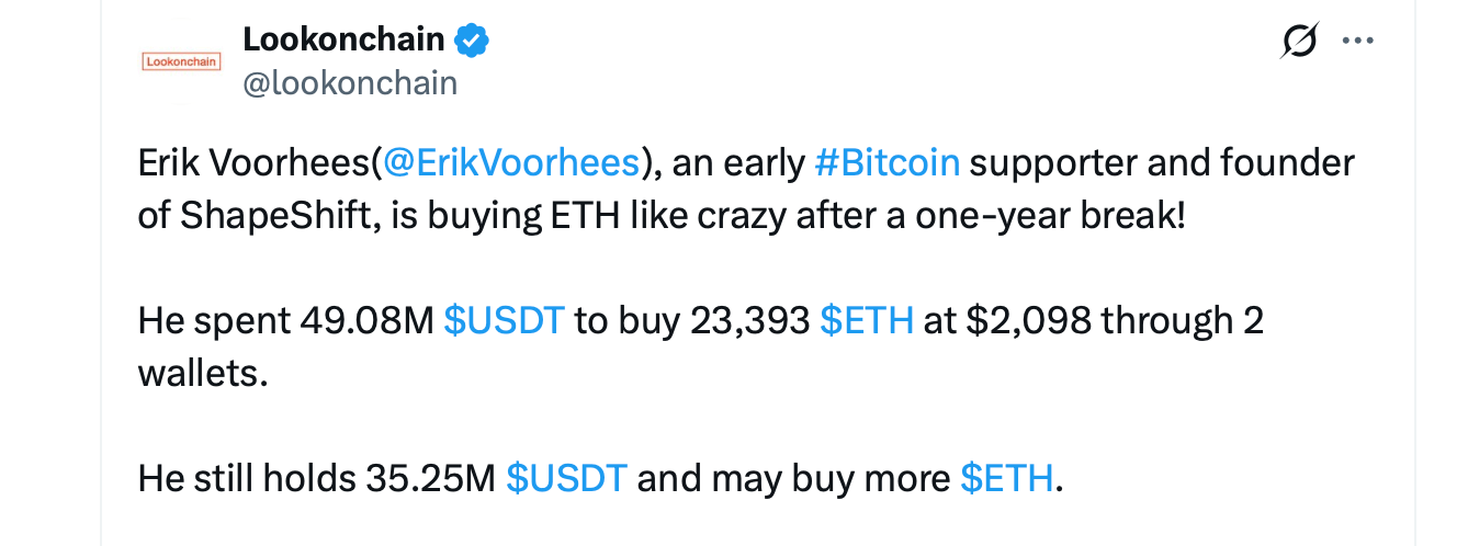 加密货币老将及Shapeshift创始人Erik Voorhees似乎收购了近25,000 ETH，分析师称