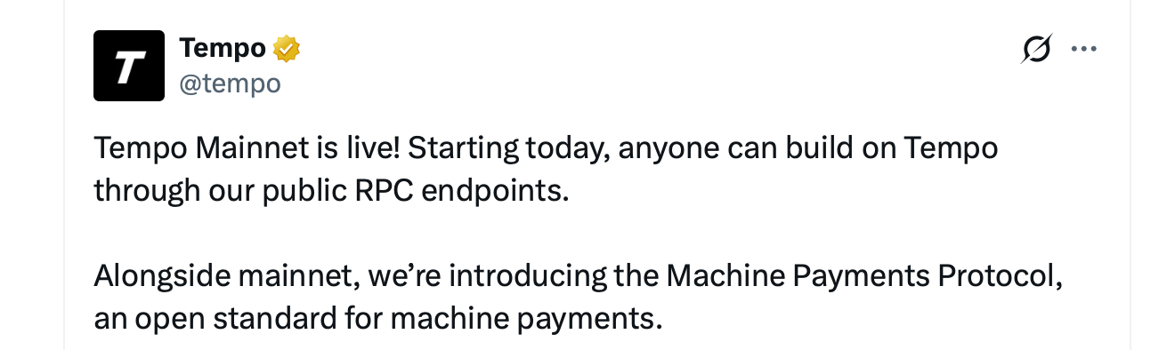 Tempo推出机器支付协议的主网，针对AI驱动的商务