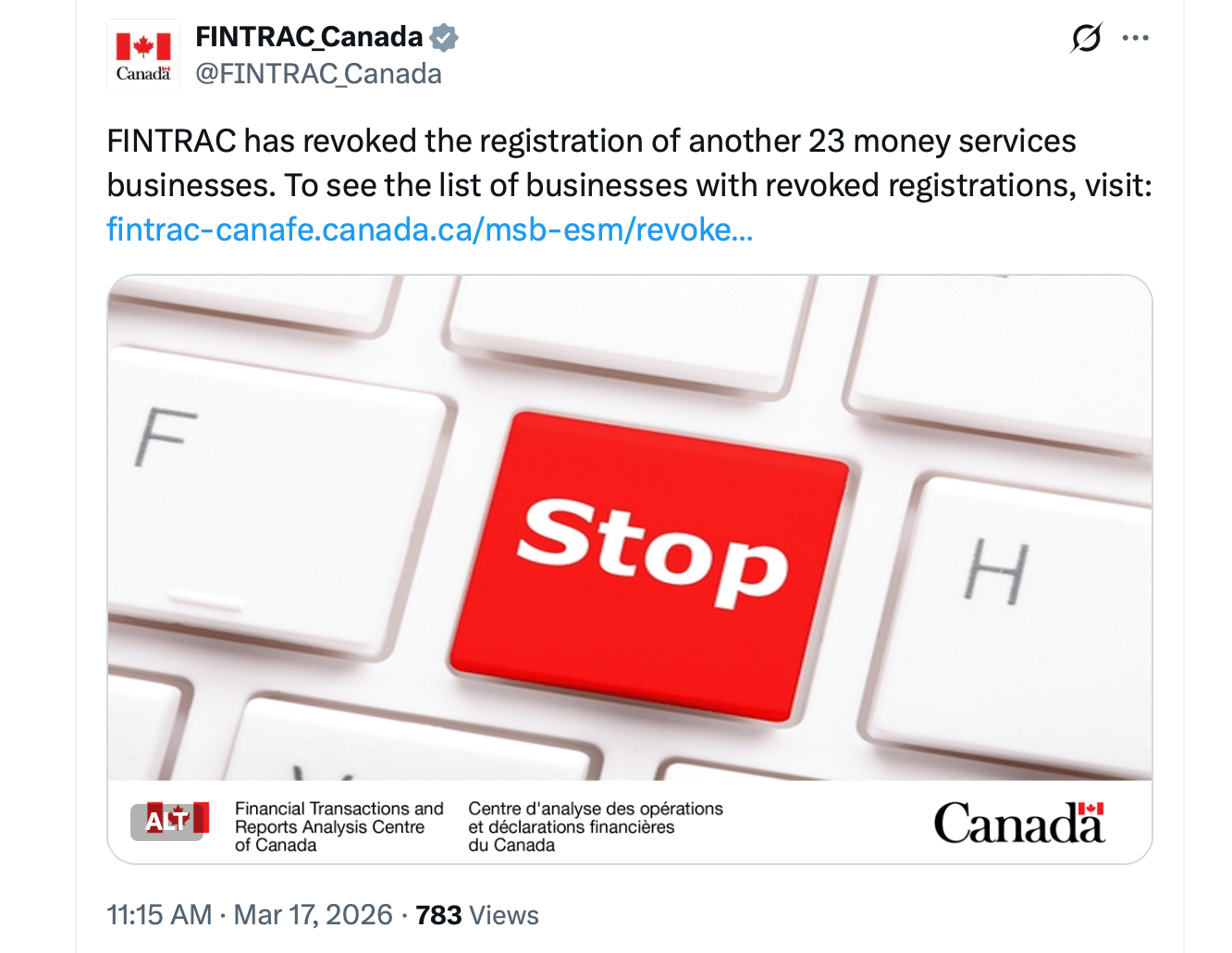 加拿大在2026年撤销50个货币服务许可证，23家加密公司受到影响