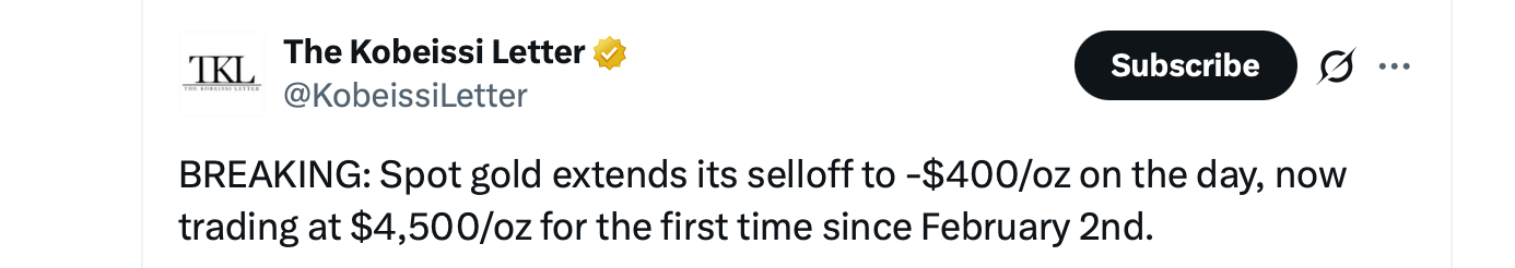 现货黄金大幅下滑，首次测试$4,500关口，时间为2月初