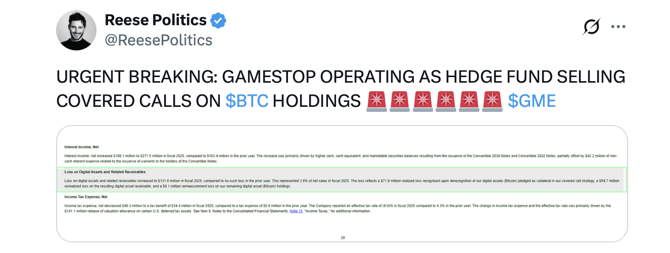 Gamestop 比特币策略:公司利用BTC持有资产进行覆盖看涨期权,SEC文件显示 Gamestop 比特币策略:公司利用BTC持有资产进行覆盖看涨期权,SEC文件显示