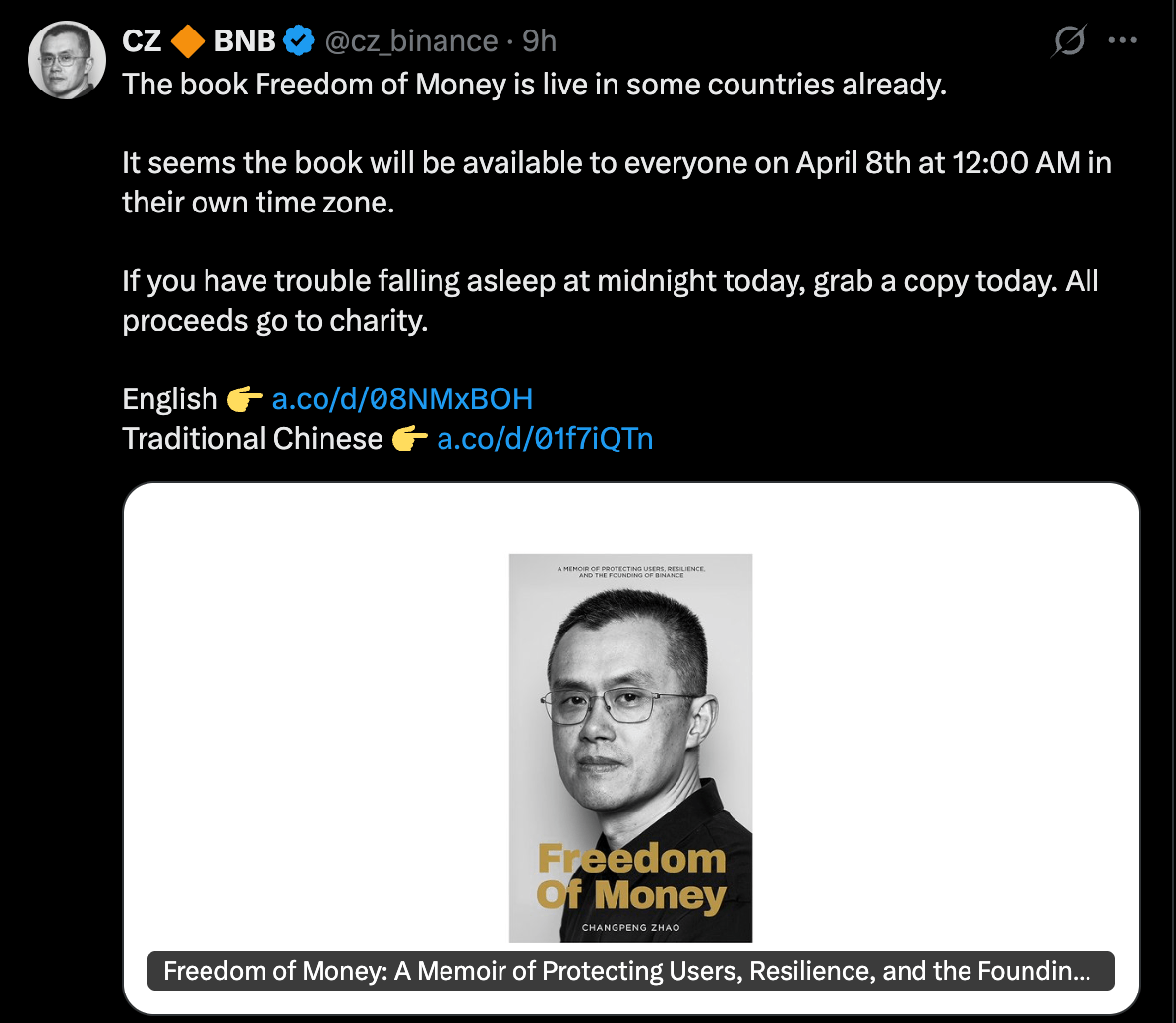Binance Founder CZ Shares Untold Story in New Book: Freedom of Money