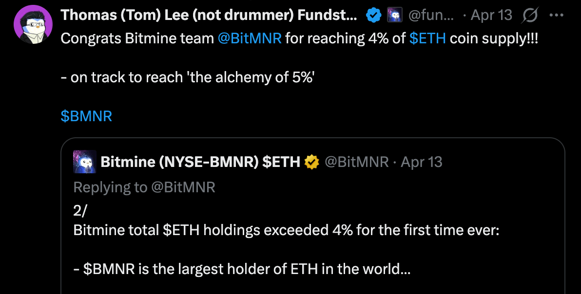 Bitmine报告38亿美元季度损失,以太坊押注受到影响