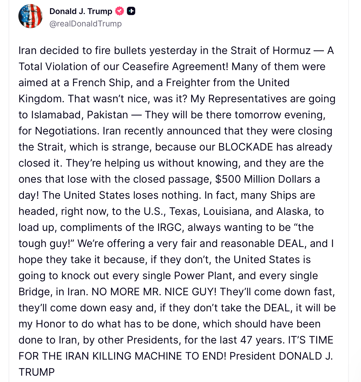 '不再是好好先生' — 特朗普警告伊朗接受协议或失去每座桥和发电厂