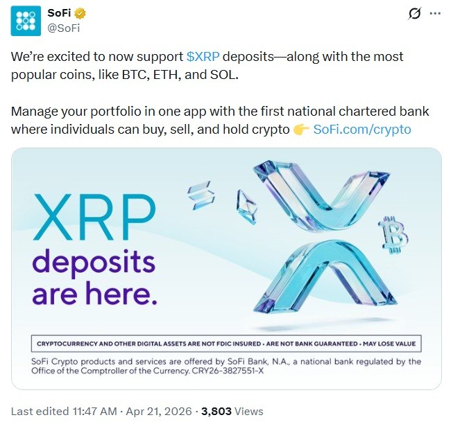 SoFi 增加 XRP 存款：Ripple 表示更广泛的访问带来了更多的参与和实用性
