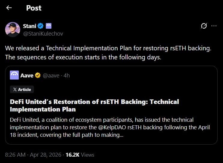 Aave Releases Technical Plan to Restore rsETH Backing while Defi United’s Coalition Expands
