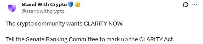 与加密货币站在一起呼吁参议院对CLARITY法案采取紧急行动