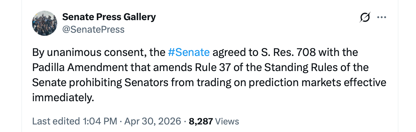 美国参议院禁止立法者对预测市场下注