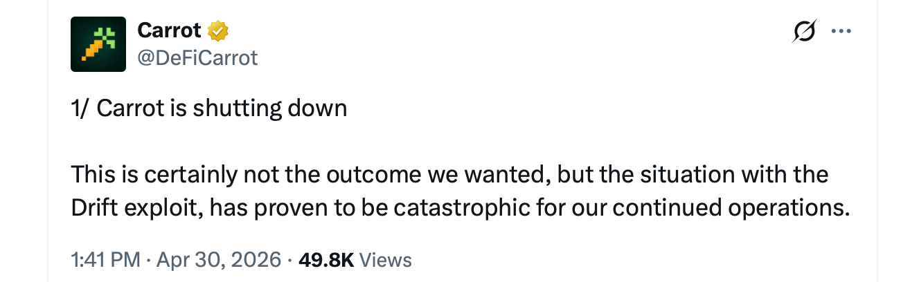 Solana收益协议胡萝卜在Drift漏洞导致800万美元TVL流失后关闭