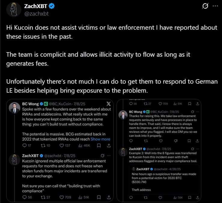 ZachXBT指控Kucoin为德国调查人员庇护1300万美元的被盗加密货币