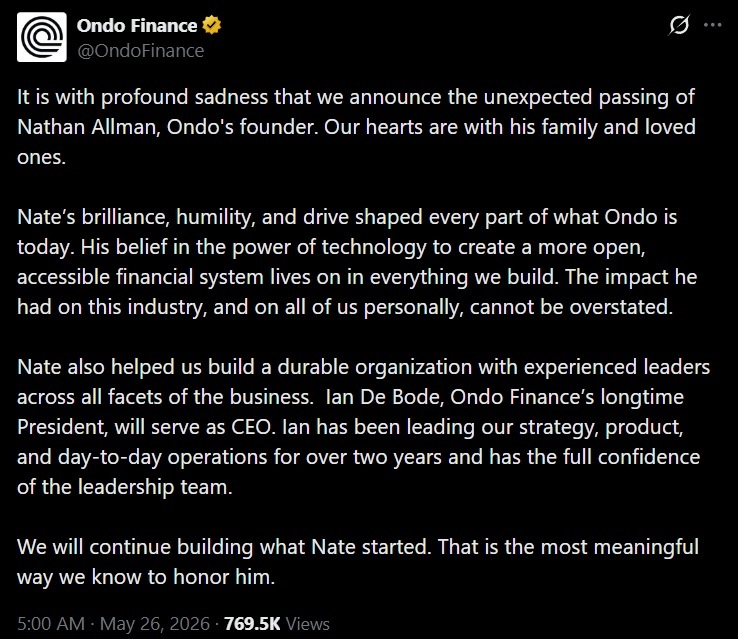 Ondo Finance Confirms Founder Nathan Allman’s Death, Appoints Ian De Bode as CEO