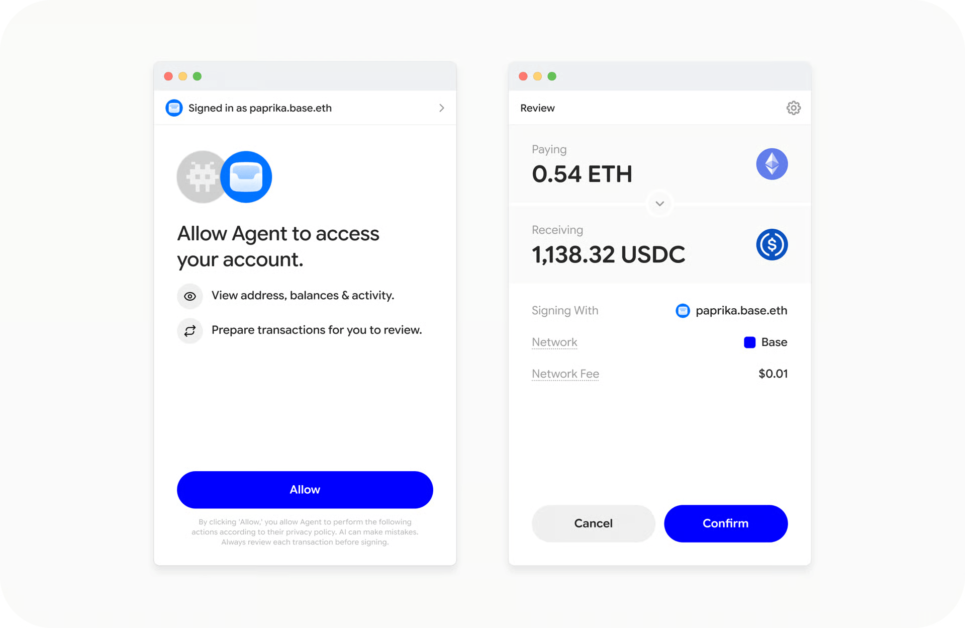 Base 代理执行 ETH 和 USDC 交易的截图。