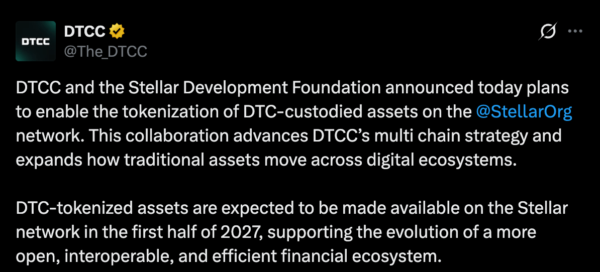 DTCC 和 Stellar 目标在 2027 年推出代币化的 DTC 证券