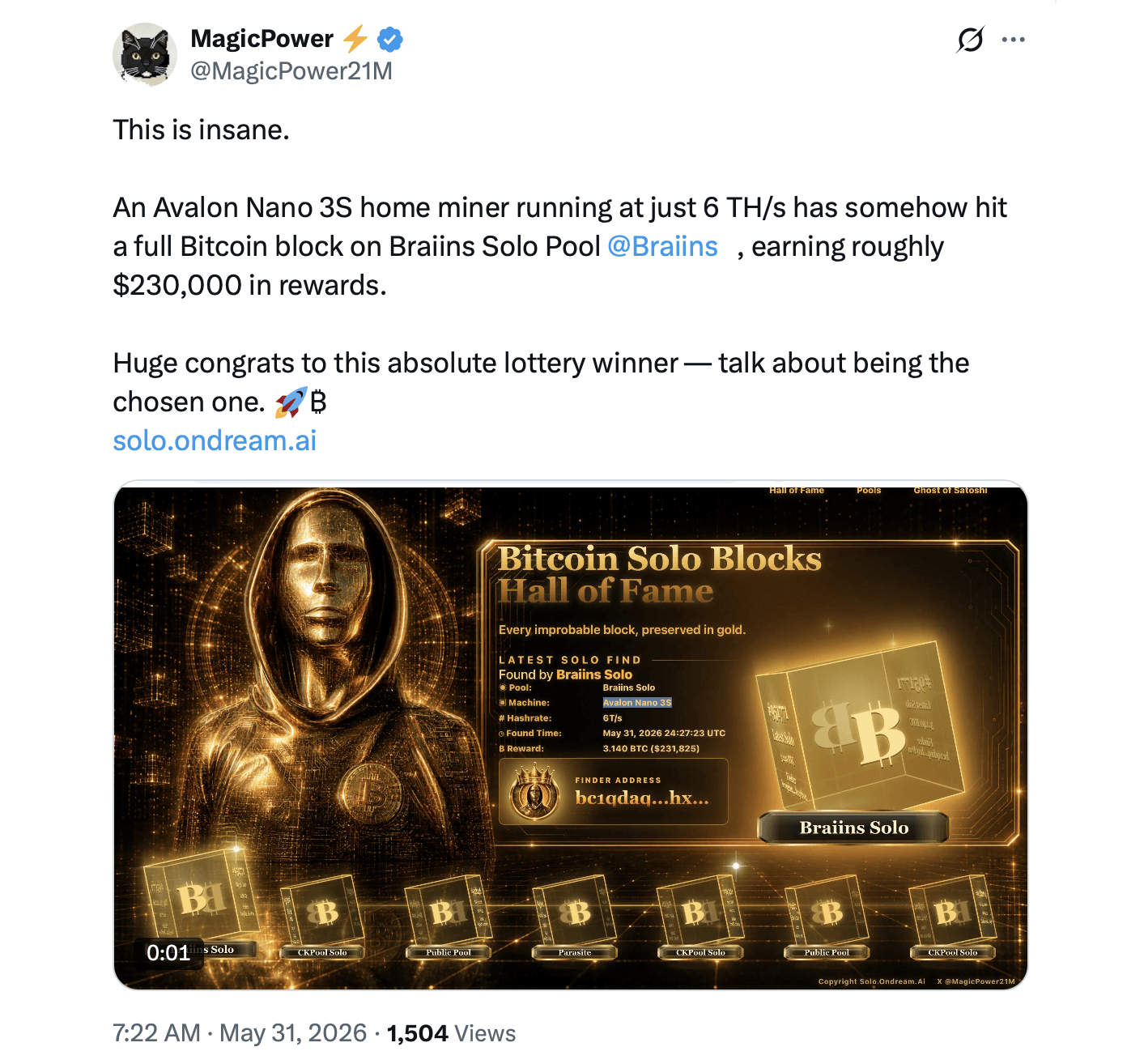 关于一台 6 TH/s 的个人比特币矿工找到一个 BTC 区块的帖子。