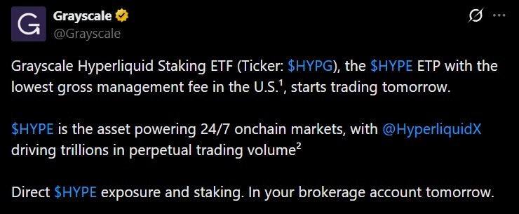 Grayscale讨论其HYPE ETF发布的推文