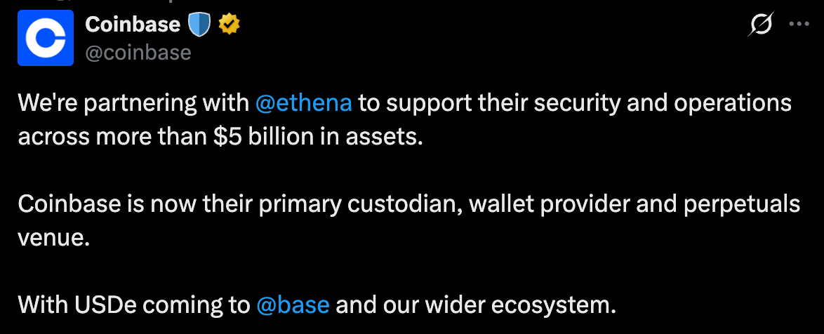 Coinbase Ventures Invests in ENA as Ethena Scales USDe Beyond $1B