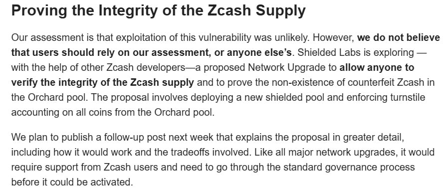 Zcash 修补关键漏洞，允许无限伪造 ZEC 铸造，价格暴跌 41%