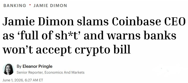 Headline discussing Jamie Dimon's comments towards Brian Armstrong
