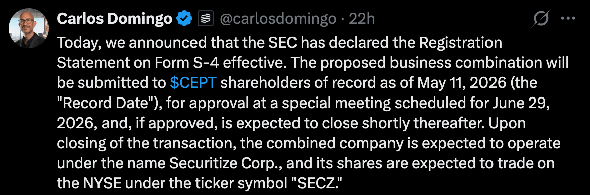 Securitize在SEC批准合并申请后向NYSE上市迈进