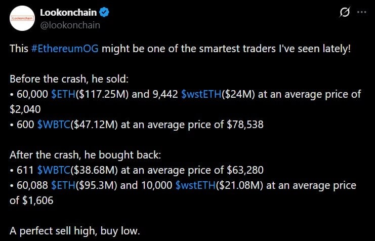 讨论以太坊OG最近获利交易的推文。