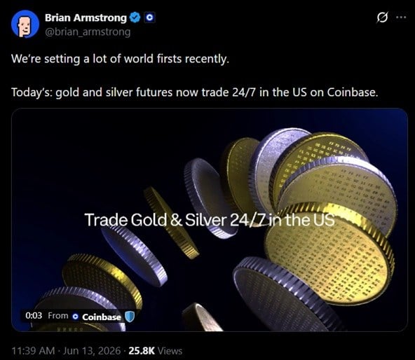 Coinbase 首席执行官 Brian Armstrong 讨论该交易所推出黄金和白银期货的推文。