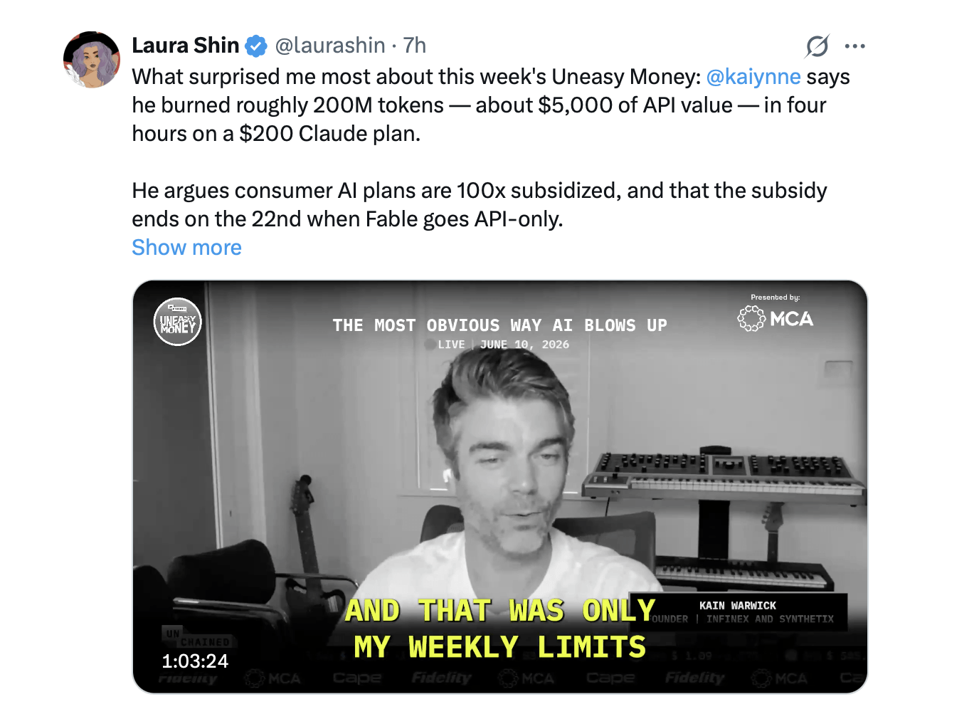 40x Claude Max价值展示了为何重度加密编码者获得了难得的交易 Laura Shin X post.