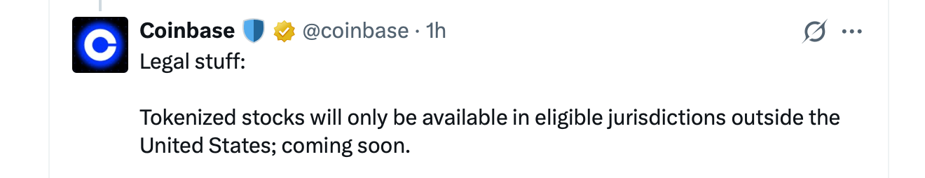 Coinbase 以1:1与真实股份挂钩的代币化股票面向投资者 Coinbase 在周二的X帖子。