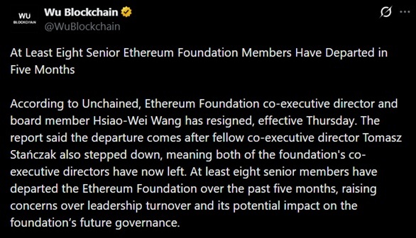 Tweet discussing Ethereum Foundation's recent leadership exodus.