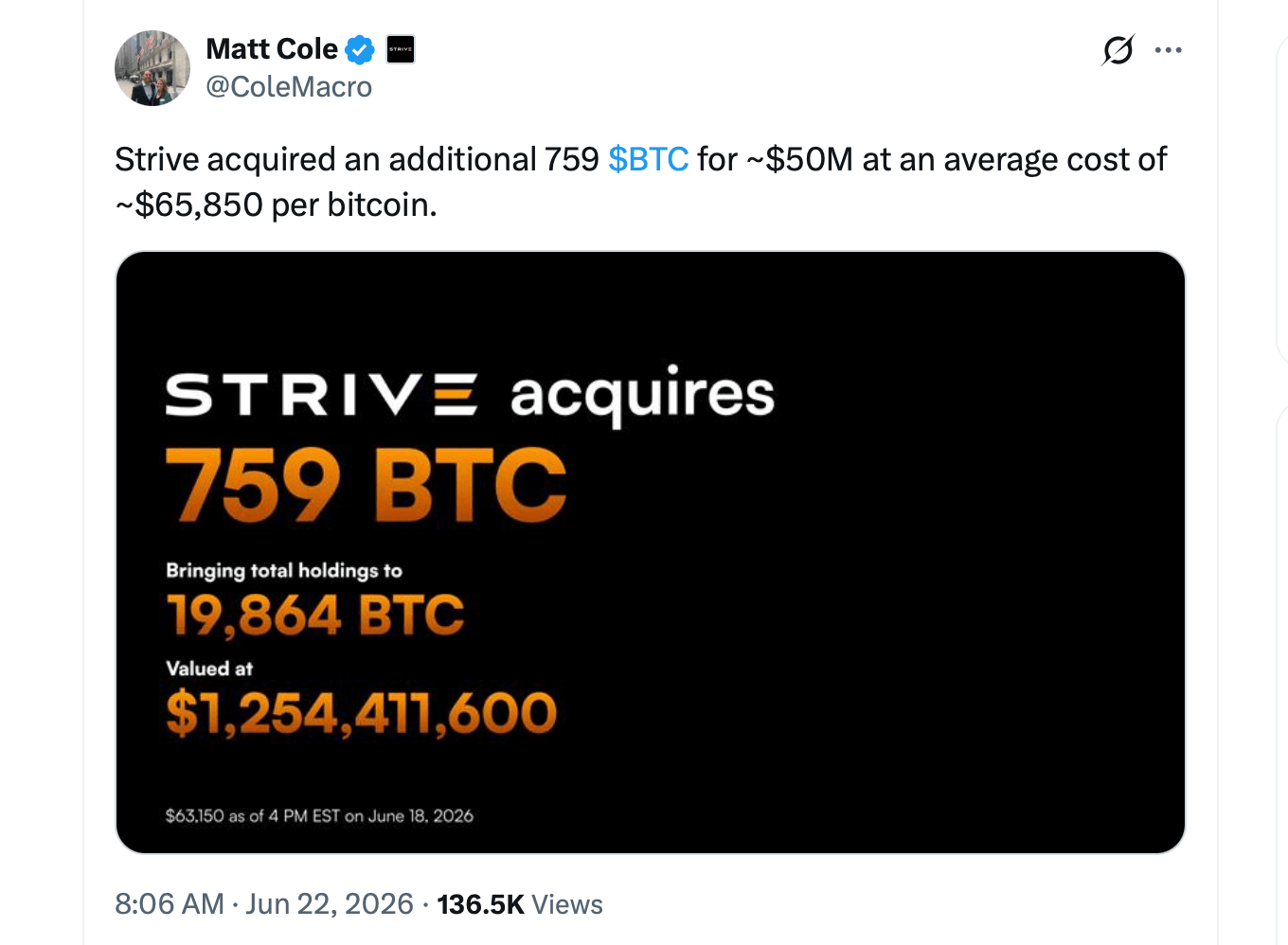 $5000 万比特币购买展示了 Strive 在公共财政竞赛中的最新举动 Strive 的 Matt Cole 在 X 上的帖子。
