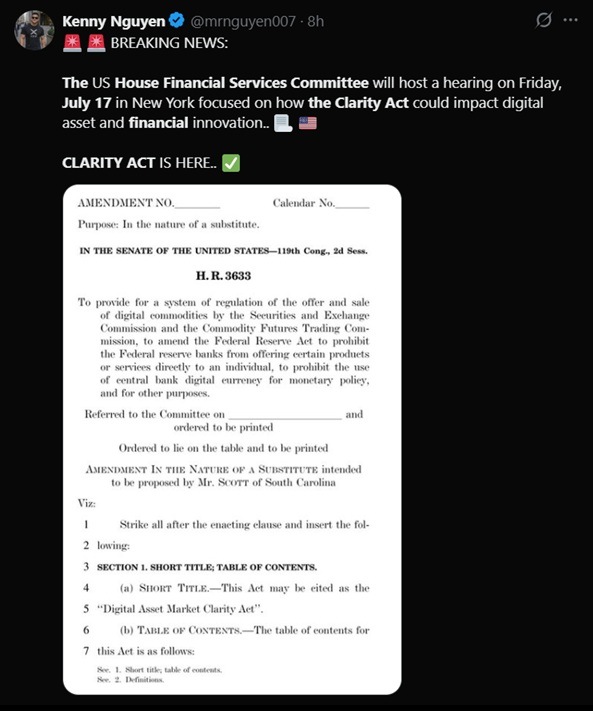 讨论CLARITY法案即将于7月17日举行听证会的推文。