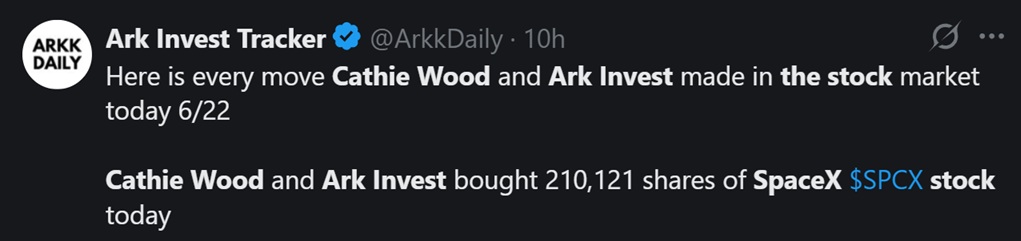 讨论ARK Invest最新SpaceX股票购买的推文。