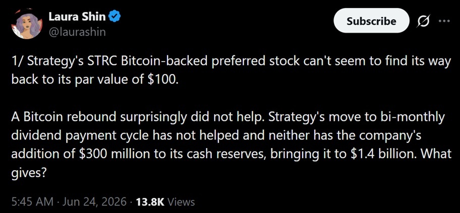 Tweet from Laura Shin discussing Strategy's dividend woes.