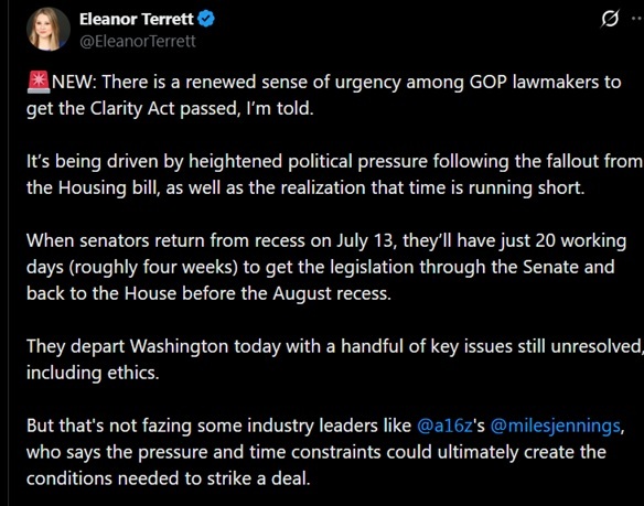讨论共和党在八月结束前推动CLARITY法案的推文。