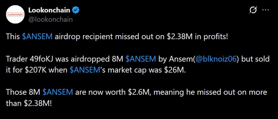 Lookonchain 数据显示交易者在 ANSEM 上损失超过 200 万美元
