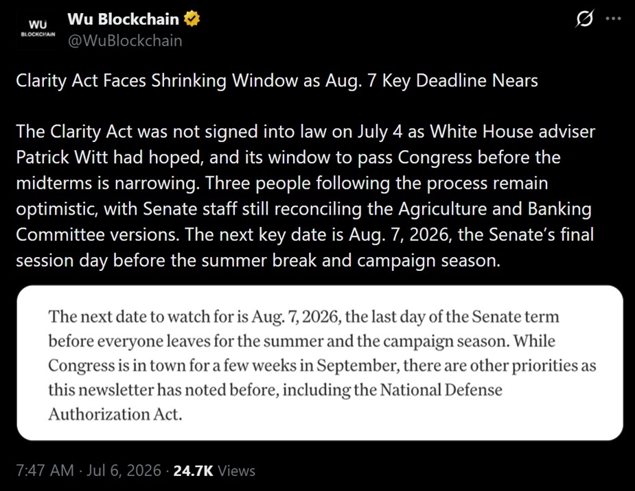 Tweet discussing CLARITY act's missed July 4th window