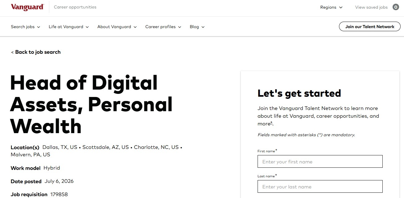 $12 Trillion Vanguard Signals Deeper Crypto Push With New Head of Digital Assets Position