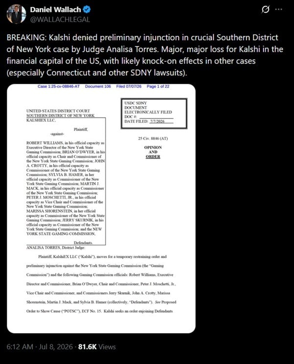alshi denied preliminary injunction in crucial Southern District of New York case by Judge Analisa Torres.