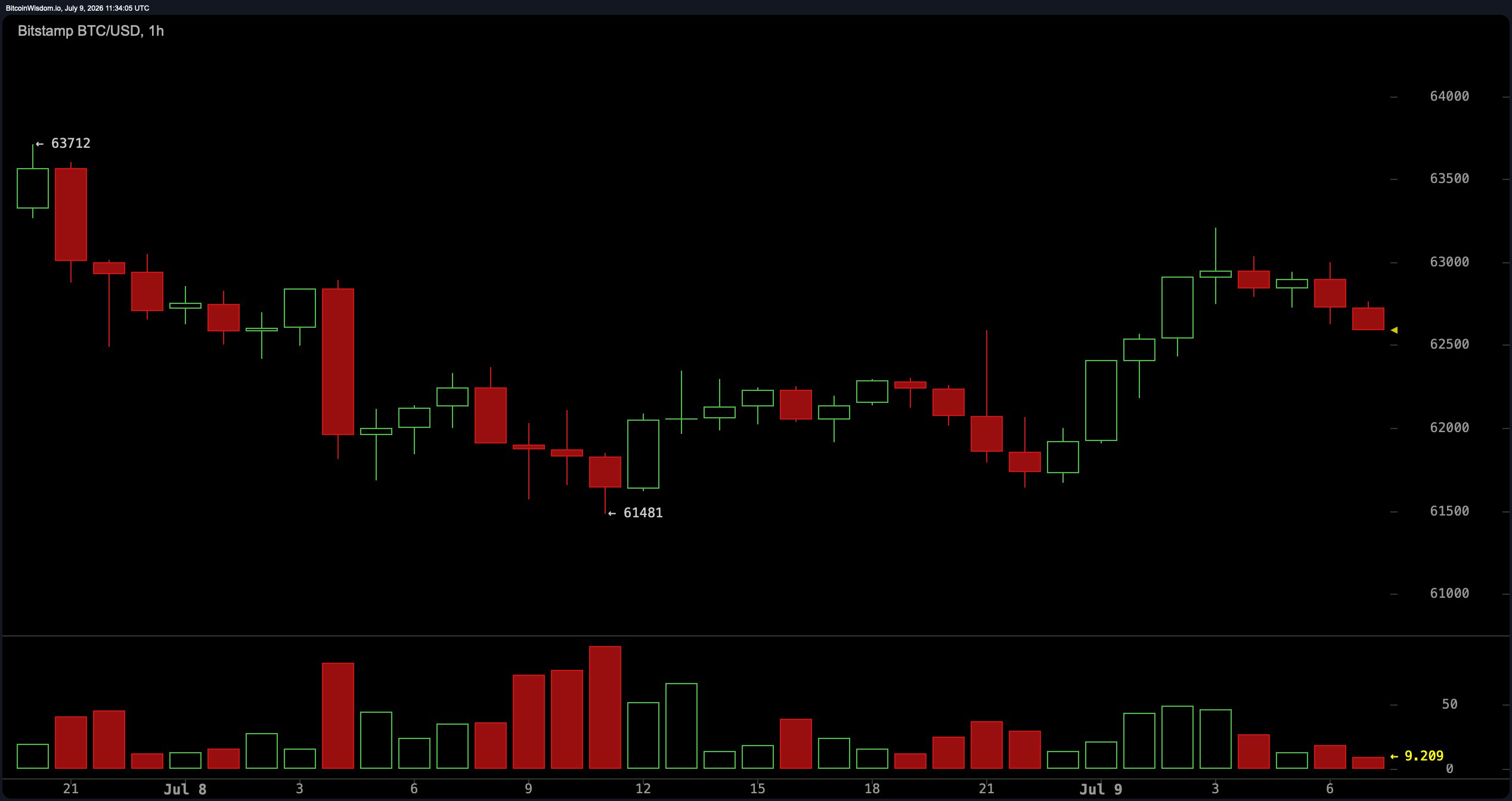 2026年7月9日比特币/美元一小时图表来自Bitstamp。