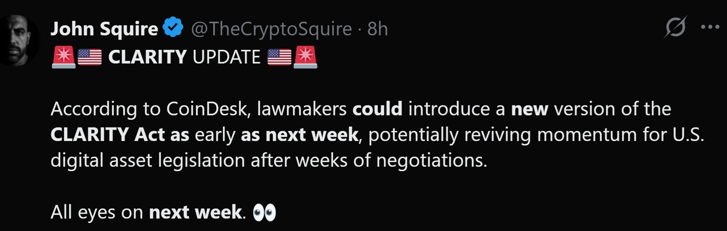 Tweet discussing the latest developments surrounding the CLARITY Act.