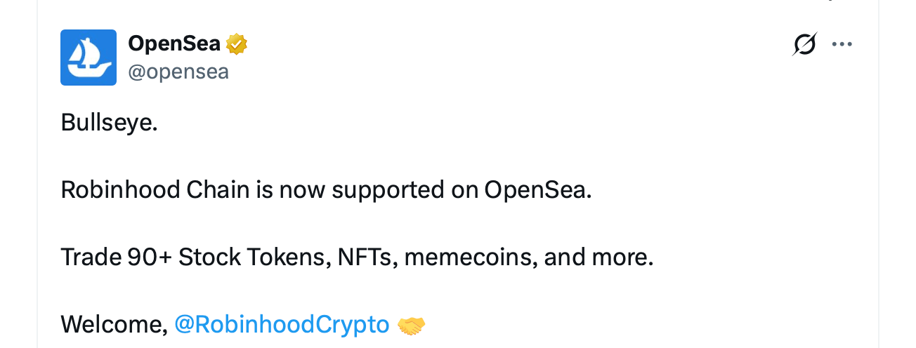 Robinhood Chain激增:L2在DEX交易量超过30亿美元,日转账700万 来自Opensea的X发布。