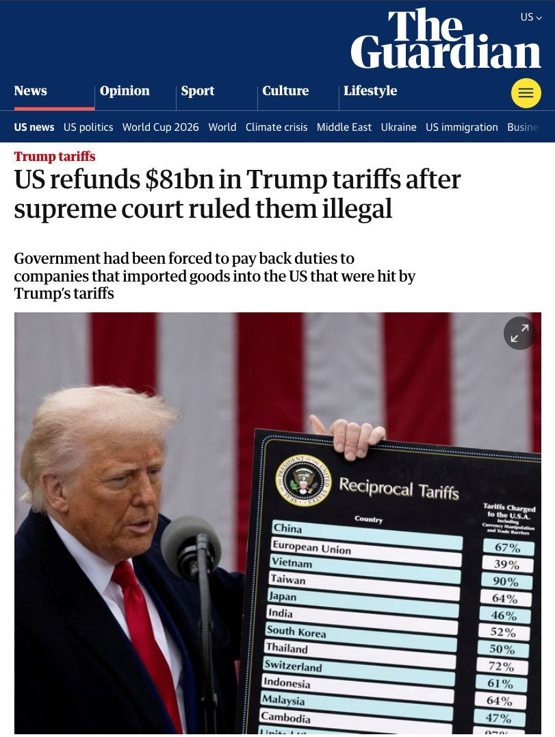 《卫报》讨论特朗普的关税退款。