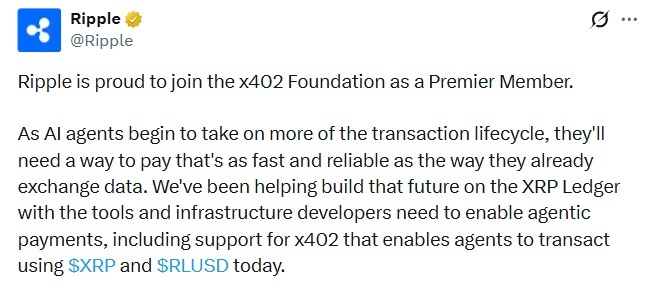 XRP在瑞波加入x402基金会时推动人工智能代理支付